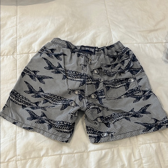 Vilebrequin Boys Navy Blue and White Fish Pattern Swim Trunks